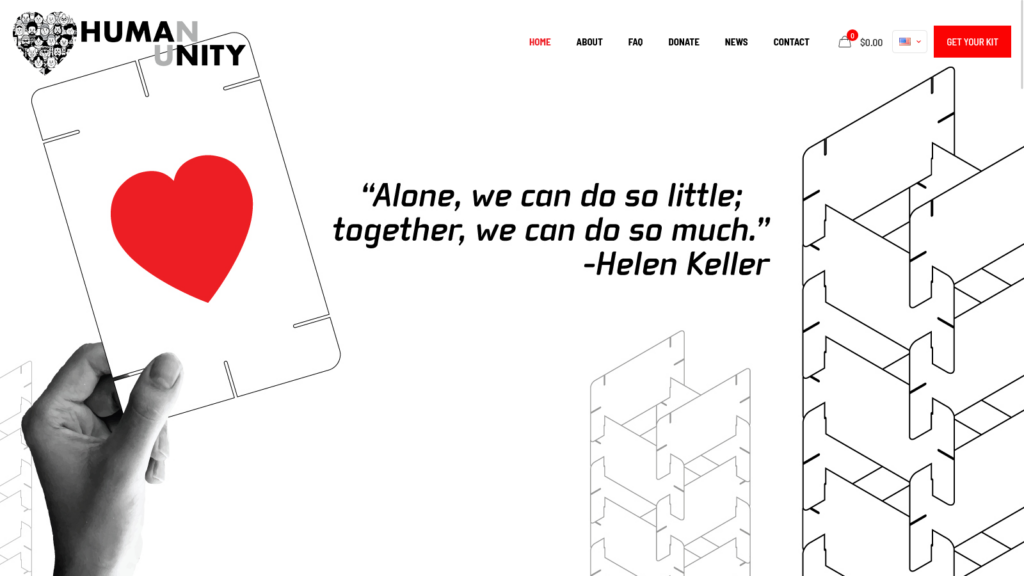 Human Unity homepage with a red heart, interlocking structures and a Helen Keller quote